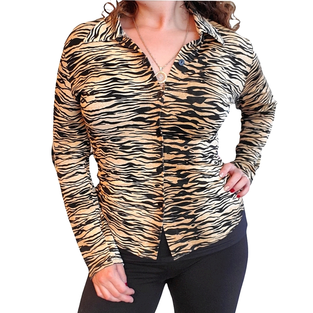 Womens Button Down Shirt Long Sleeve Zebra Animal Print By Kelly Large